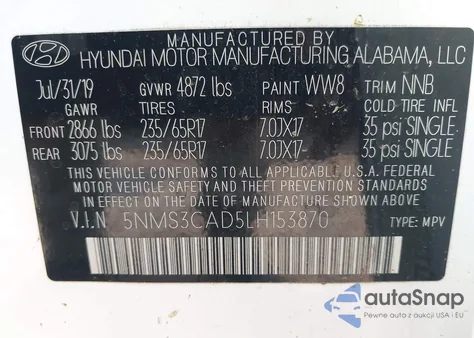 2020 Hyundai Santa Fe Sel/Sel Plus from USA, damaged, VIN 5NMS3CAD5LH153870